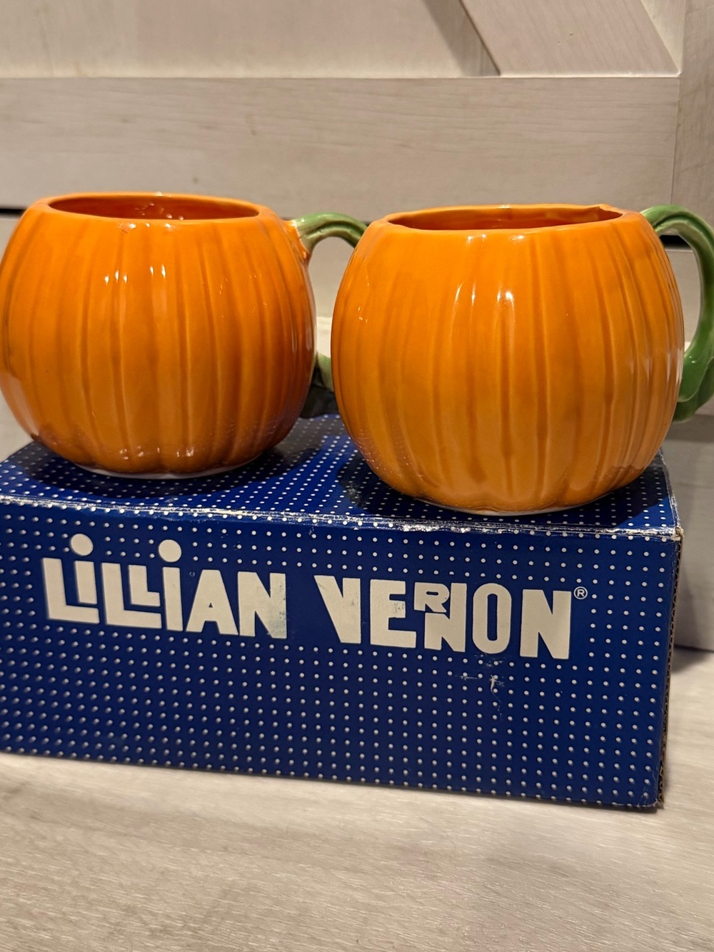 Lillian Vernon glazed pumpkin mugs with green vine handles - autumn fall decor